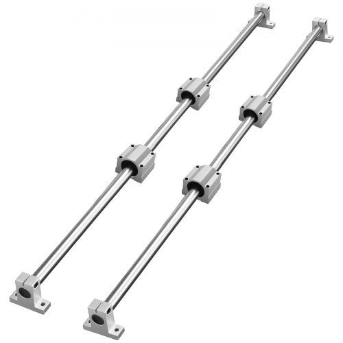 Two parallel linear guide rail sets, each with a silver rod and four gray slide blocks.