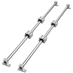 Two parallel linear guide rail sets, each with a silver rod and four gray slide blocks.