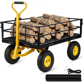 Heavy duty steel garden cart with removable sides and 13-inch pneumatic tires for easy transport.