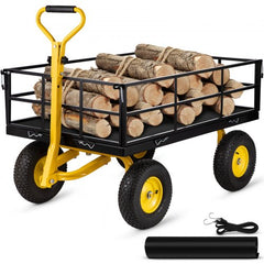 Heavy duty steel garden cart with removable sides and 13-inch pneumatic tires for easy transport.