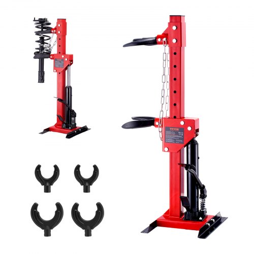Red hydraulic strut spring compressor with 4.5-ton capacity, adjustable arms, and four U-shaped clasps.