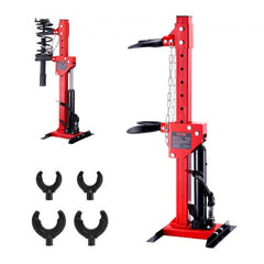 Red hydraulic strut spring compressor with 4.5-ton capacity, adjustable arms, and four U-shaped clasps.