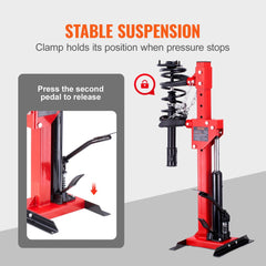 Red hydraulic strut spring compressor with stable suspension clamp and release pedal.
