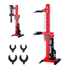 Red hydraulic strut spring compressor with 4.5-ton capacity, adjustable arms, and safety chain.