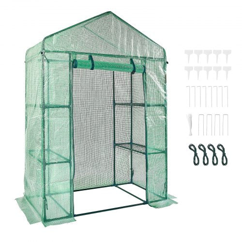 Walk-in greenhouse with shelves, PE cover, and roll-up zipper door for ventilation.
