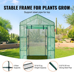 Walk-in greenhouse with PE cover, shelves, and roll-up zipper door for easy access.