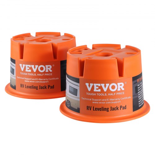 Two orange Bostome RV leveling jack pads with interlocking design for stacking.