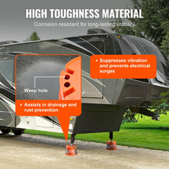 Two orange polypropylene RV leveling blocks stacked, showing interlocking design and drainage holes.