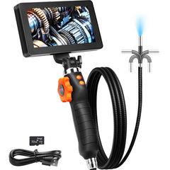 A black borescope with an orange control knob, a monitor, and a flexible cable.