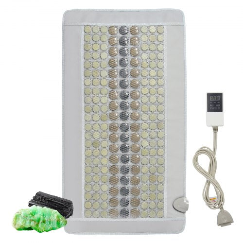 White far infrared heating pad with 132 jade and 54 tourmaline stones, digital controller, and power cord.