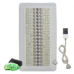 White far infrared heating pad with 132 jade and 54 tourmaline stones, digital controller, and power cord.