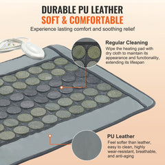 Bostome far infrared heating pad with 48 jade and 24 tourmaline stones on gray PU leather surface.