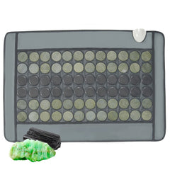 Gray far infrared heating pad with 48 jade and 24 tourmaline stones, plus green tourmaline sample.