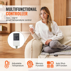 Woman using Bostome far infrared heating pad with 52 jade and 20 tourmaline stones, showing adjustable temperature control from 103 to 159°F.