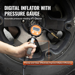 Hand holding digital tire inflator attached to a car tire valve with pressure gauge visible