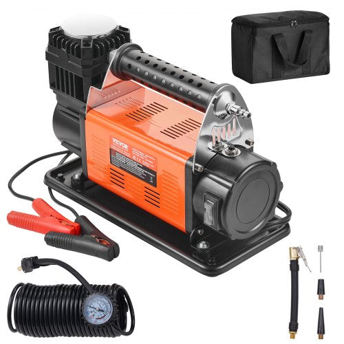 Bostome 150PSI portable air compressor with a carry handle and 26ft hose for easy inflation.