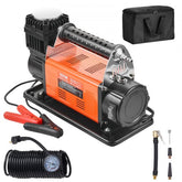 Bostome 150PSI portable air compressor with a carry handle and 26ft hose for easy inflation.