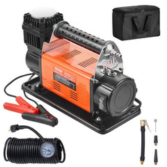 Bostome 150PSI portable air compressor with a carry handle and 26ft hose for easy inflation.
