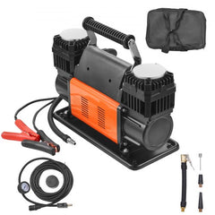 Bostome 10.6 CFM dual-cylinder tire inflator with 12V power, 150 PSI max, hoses, clamps, and carry bag.