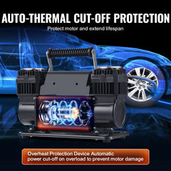 Black Bostome dual-cylinder tire inflator with 10.6 CFM, 12V, 150 PSI, auto-thermal cut-off, and blue car background.