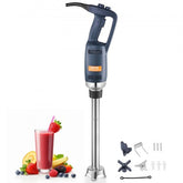 Blue Bostome 350W immersion blender with stainless steel wand, ergonomic handle, and accessories beside a strawberry smoothie.