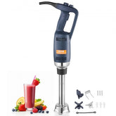 Heavy-duty immersion blender with stainless steel blades and variable speed control.