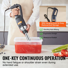 Heavy-duty immersion blender with stainless steel blades and variable speed control for blending.