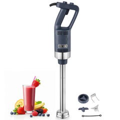 Heavy duty immersion blender with stainless steel blades and adjustable speed control.