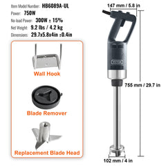 Heavy-duty immersion blender with 750W motor and stainless steel blades for efficient blending.