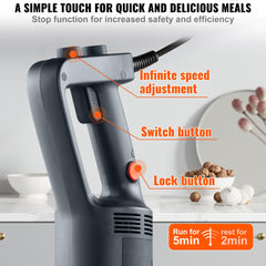 Bostome Commercial Immersion Blender with 750W motor and 20-inch stainless steel blending shaft.