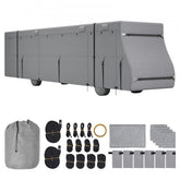 Gray non-woven fabric cover for 40-43 ft Class A RV with straps, tire covers, and storage bag.