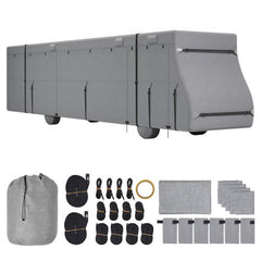Gray non-woven fabric cover for 40-43 ft Class A RV with straps, tire covers, and storage bag.
