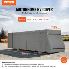 Gray non-woven fabric cover fitted on a Class A motorhome measuring 40-43 feet, with measurement guide.