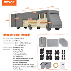 Class A RV cover for 40-43 ft motorhome made of non-woven fabric with straps and accessories.