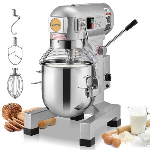 Silver Bostome 10L stand mixer with 3 speeds, stainless bowl, dough hook, beater, whisk, and baking ingredients.
