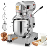 Silver Bostome 10L stand mixer with 3 speeds, stainless bowl, dough hook, beater, whisk, and baking ingredients.