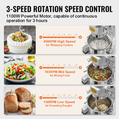 Bostome 28.5L 1100W 3-speed commercial stand mixer with bowl, attachments, and speed demos for mixing dough, food, and cream.