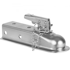 Silver Bostome straight trailer coupler for 2-inch ball with 3500 lbs capacity and chain.