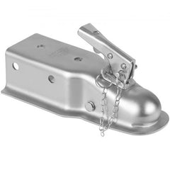 Zinc-plated Bostome straight trailer coupler for 2-inch ball and 3-inch channel, 5000 lbs capacity.