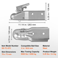 A zinc-plated steel trailer coupler with dimensions and specifications.