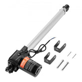 Black 12V linear actuator with 14-inch stroke, 6000N force, mounting brackets, and wires.