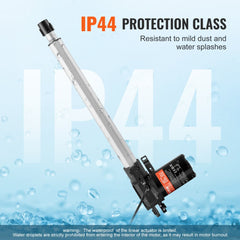 Bostome 12V linear actuator with 14-inch stroke, 6000N force, and IP44 protection, shown with water splashes.