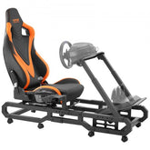 Black and orange heavy-duty racing wheel stand with Logitech wheel, pedals, and seat.