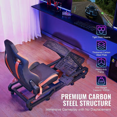 Heavy-duty racing wheel stand with carbon steel frame, adjustable seat, and pedal mounts for Logitech G923/G920/G29.