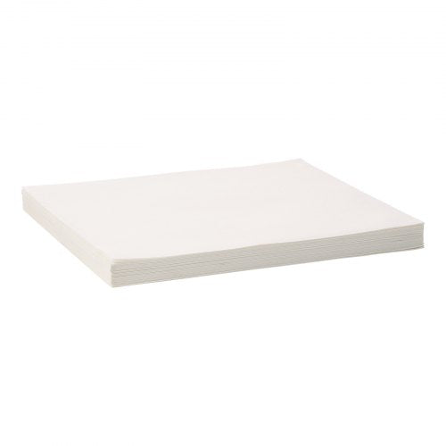 Stack of 100 white Bostome fryer filter paper sheets, each 19.3 by 16.1 inches.