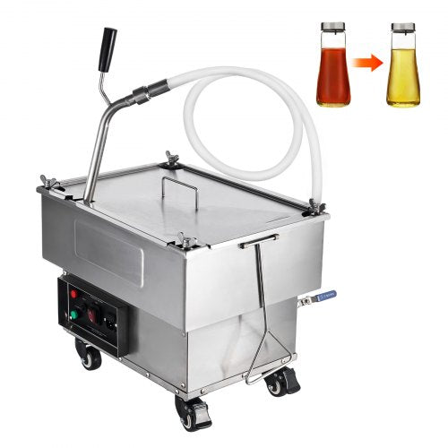 18L mobile stainless steel fryer oil filter with hose, before-and-after oil jars, and casters.