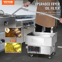 Bostome 18L mobile fryer oil filter in stainless steel with caster wheels and long handle.