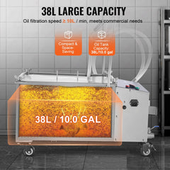 Mobile 38L fryer oil filter with 10 L/min speed, stainless steel body, and casters.