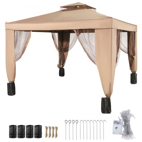 Brown steel frame 10x10ft outdoor gazebo canopy tent with waterproof fabric and netting.