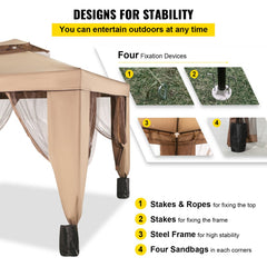 Brown steel frame gazebo canopy tent, 10x10ft, with waterproof fabric and netting.